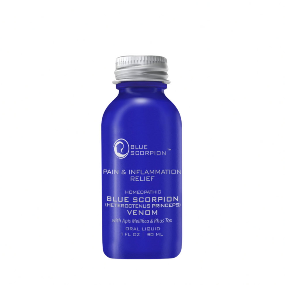 Blue Scorpion Venom bottle for pain and inflammation relief, homeopathic product.